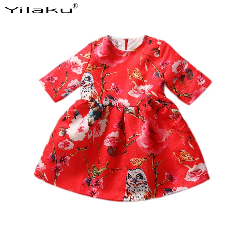 Yilaku Girl Dress Half Sleeve Animal Flower Print Princess Dresses Spring Summer Children Evening Kids Clothes CA268 | Детская одежда и