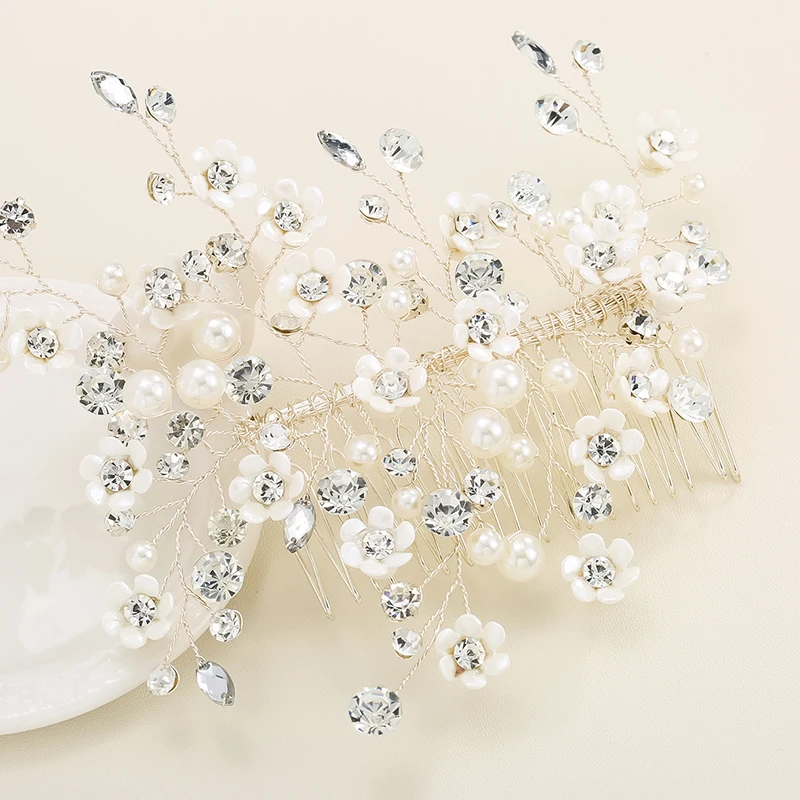Fashion White Small Flowers Crystal Pearls Bridal Hair Combs Clips Wedding Ornaments Jewelry for Bride | Украшения и аксессуары