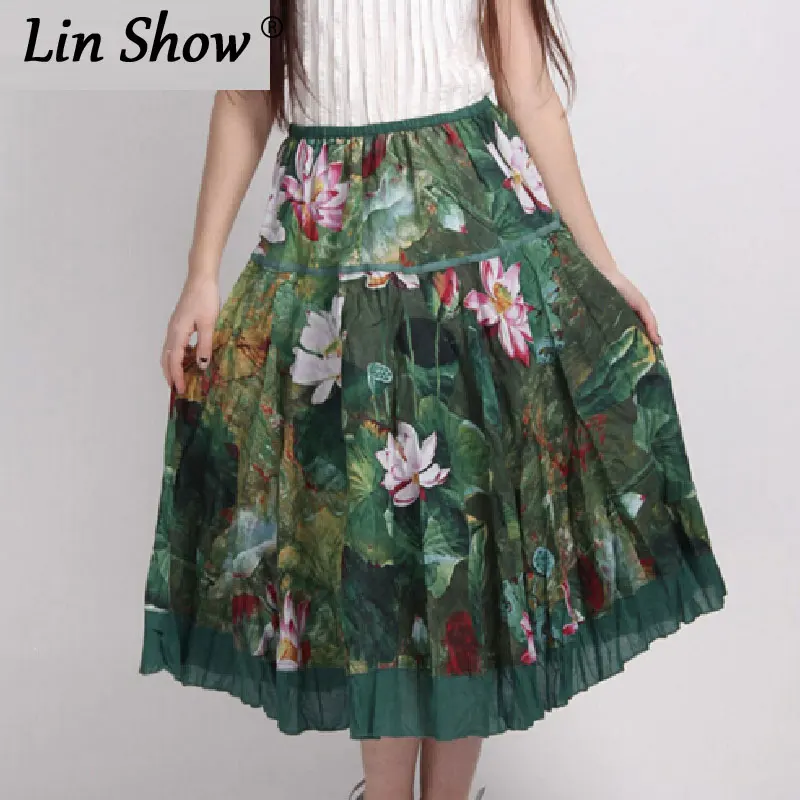 Linshow Лен с цветочным принтом Юбка Femme Vitange Элегантные до середины икры Женская