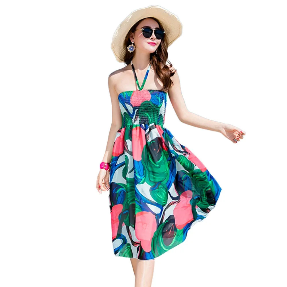 17B70 женщин Лето Пляж Повседневный Шифон Контрастность Цвет Два Износ Spaghetti Strap