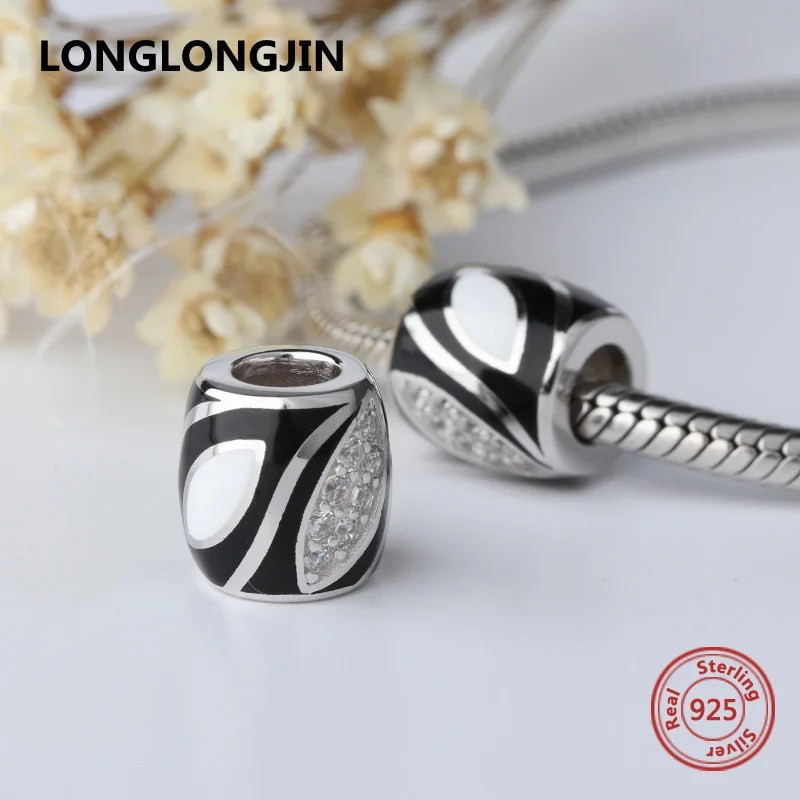 Полированная 925 серебряные бусины черные и белые подвески с камнями FIT Authentic