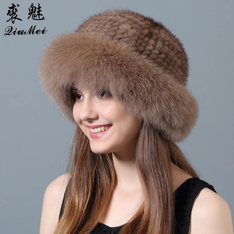Женская трикотажная Шапка бини с отделкой из натурального меха норки|mink fur hats|fur