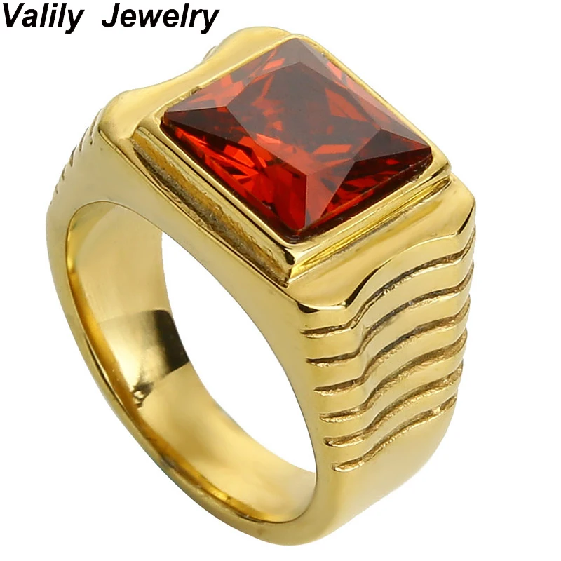 Valily Jewelry Для женщин кольцо Нержавеющая сталь цвета: золотистый, красный/черный камень кубический цирконий Кольца для Для мужчин обручальное кольцо с простыми линями кольца