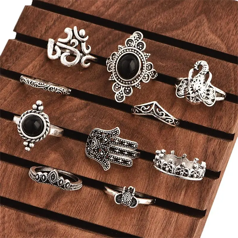 10 Pcs/Set Bohemian Engraving Fatima Palm Elephant OM Crown Flower Gem Ring Set Women Personality Birthday Jewelry | Украшения и