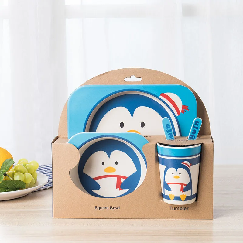 penguin 5 шт./компл. детская тарелка для кормления с мультяшным рисунком, Детская креативная антиосенняя посуда из бамбукового волокна для кормления, перегородка, столовая посуда - Цвет: penguin