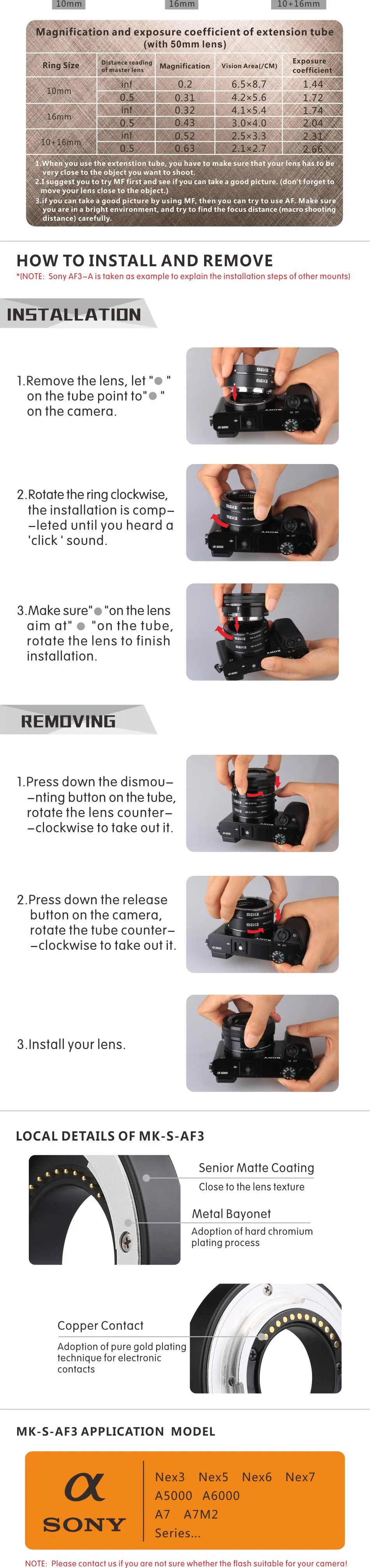 Meike Удлинительное макрокольцо для автоматического 10 мм 16 мм для sony E-Mount DSLR камер FE-крепление A7SII A7R NEX-F3 NEX-6 NEX-7 NEX-5T A6300 A6500 Камера