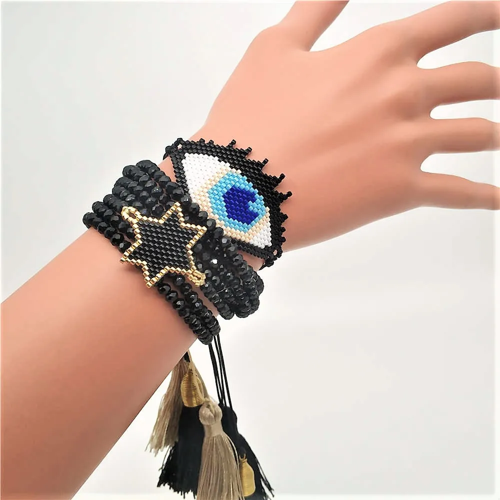 Go2boho, браслет от сглаза, Delica MIYUKI, браслет для женщин и мужчин, браслеты со звездами, Mujer Mode, ювелирные изделия, черный кристалл, кисточка, ручная работа - Окраска металла: MI-S190097  MIYUKI