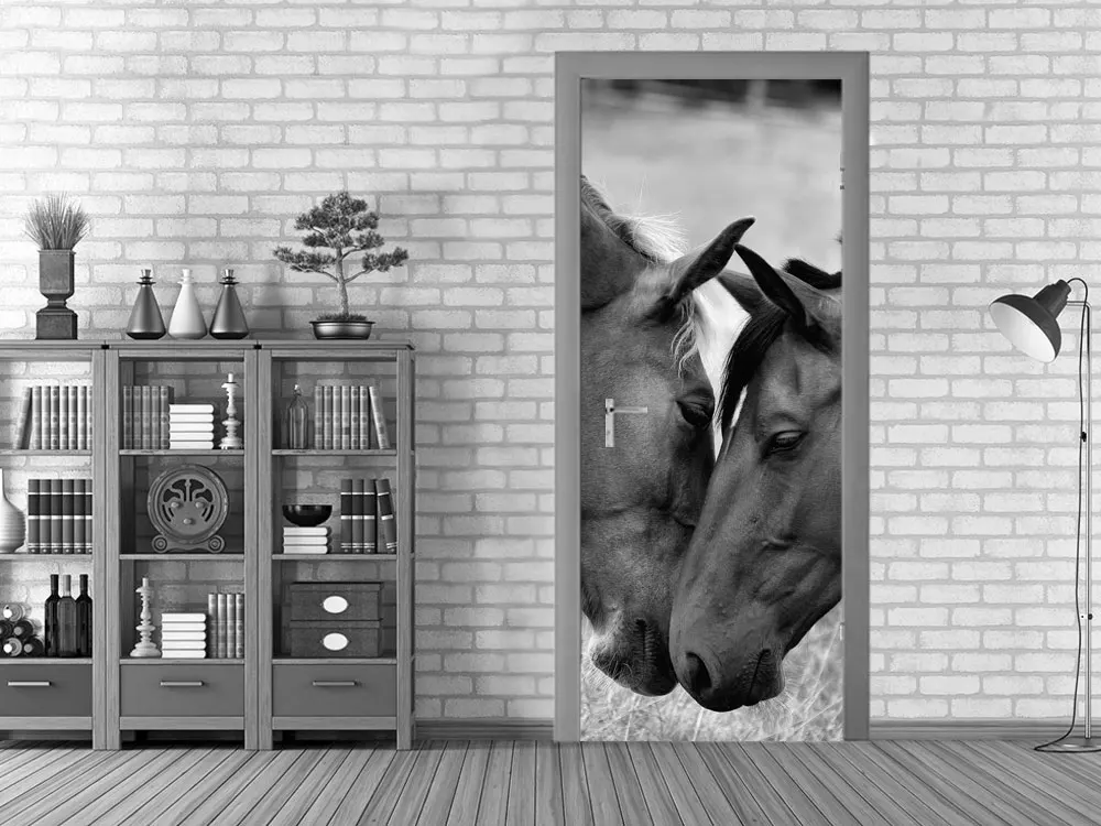 3D Черно белые лошади художественная дверь Настенные обои наклейка на стену