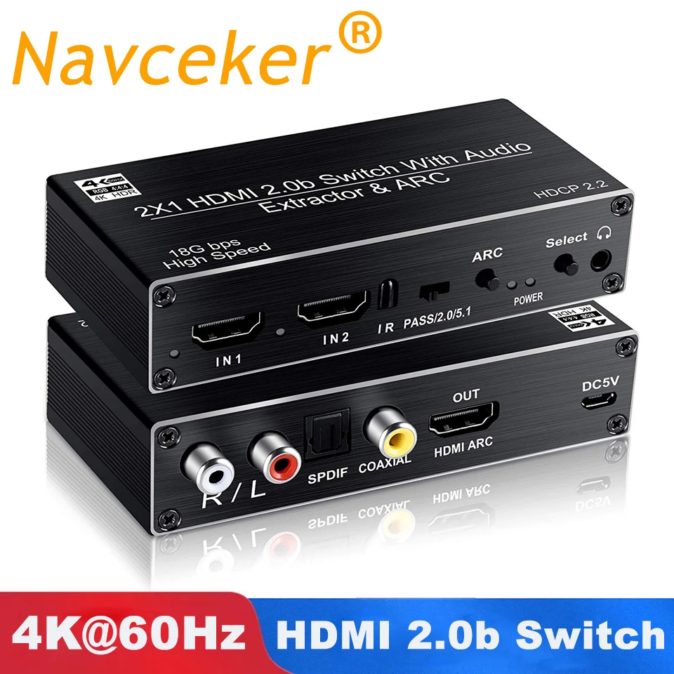 

2020 Best 4K 60Hz HDMI Switch 2x1 HDMI 2.0 Switch 2 Port HDMI Switch Remote with Toslink Optical & RCA 4K HDMI Switch Switcher