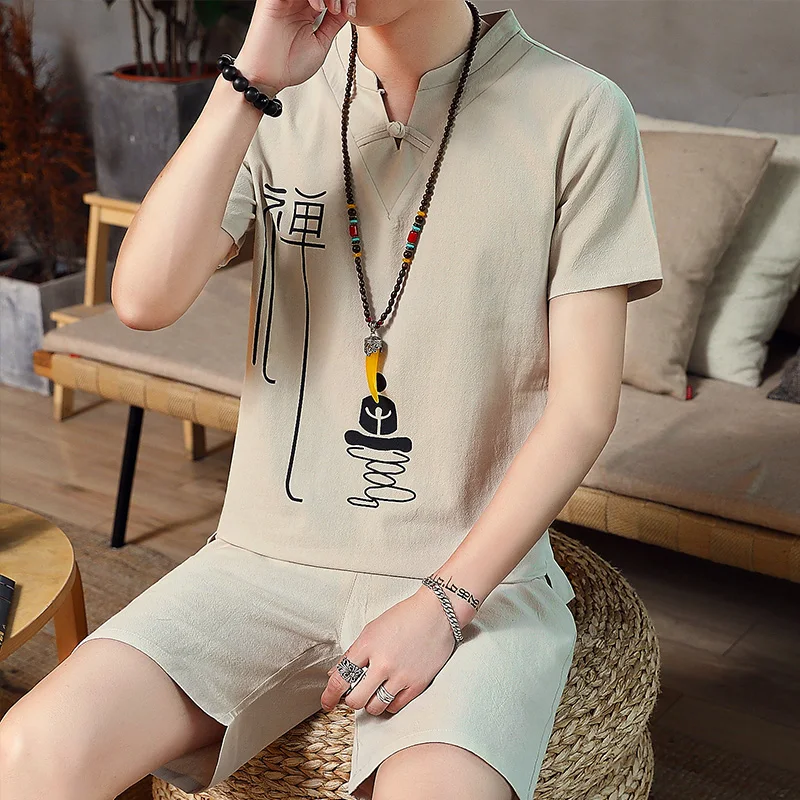 

Streetwear Casual Summer Tracksuit Men Plus Size Mandarin Collar Top + Shorts Mens Short Sets Linen Two Piece Set Shorts 5XL 4XL