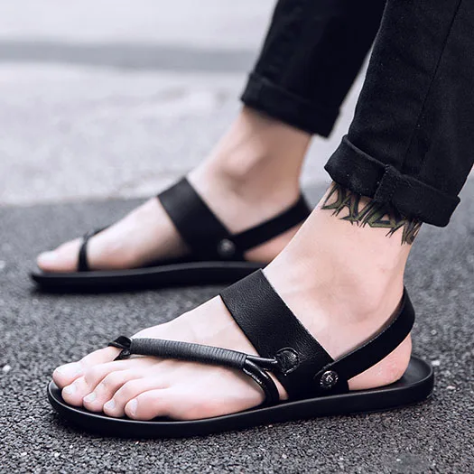 Black Мужские сандалии кожаное лето Runway воды домашние тапочки дизайнер слайды водонепроницаемый черный плоские воздухопроницаемый повседневная коричневый обувь ремень - Цвет: Black