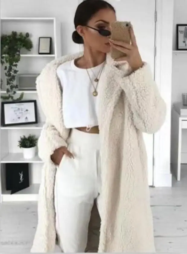 Женское шерстяное пальто explosion длинное однотонное с отворотом и искусственным