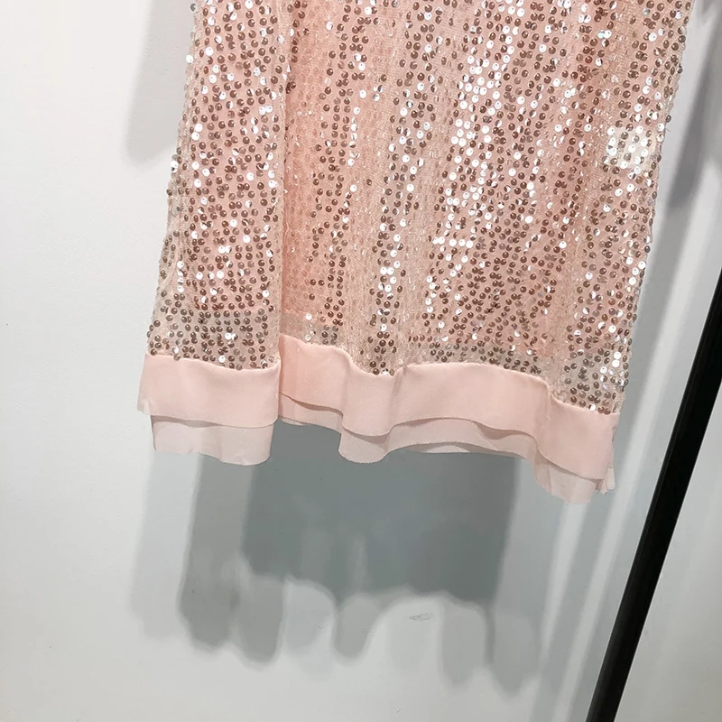 Boho Лето Женщины платье моды шить с короткими рукавами и круглым вырезом блестками розовый пляжная одежда Femme