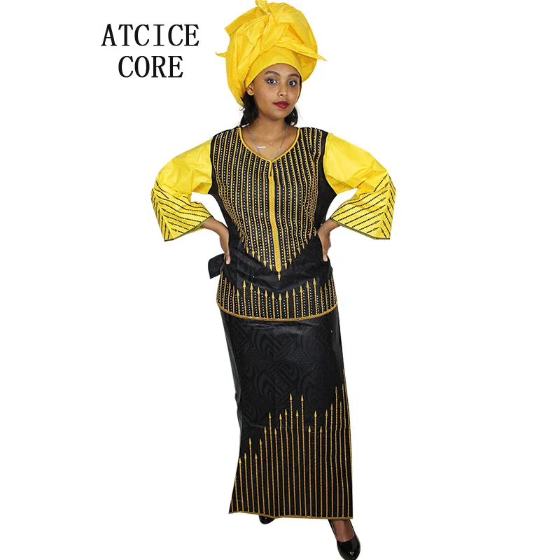 Африканские платья базин богатый вышивка дизайн топ с рэппером три шт. один