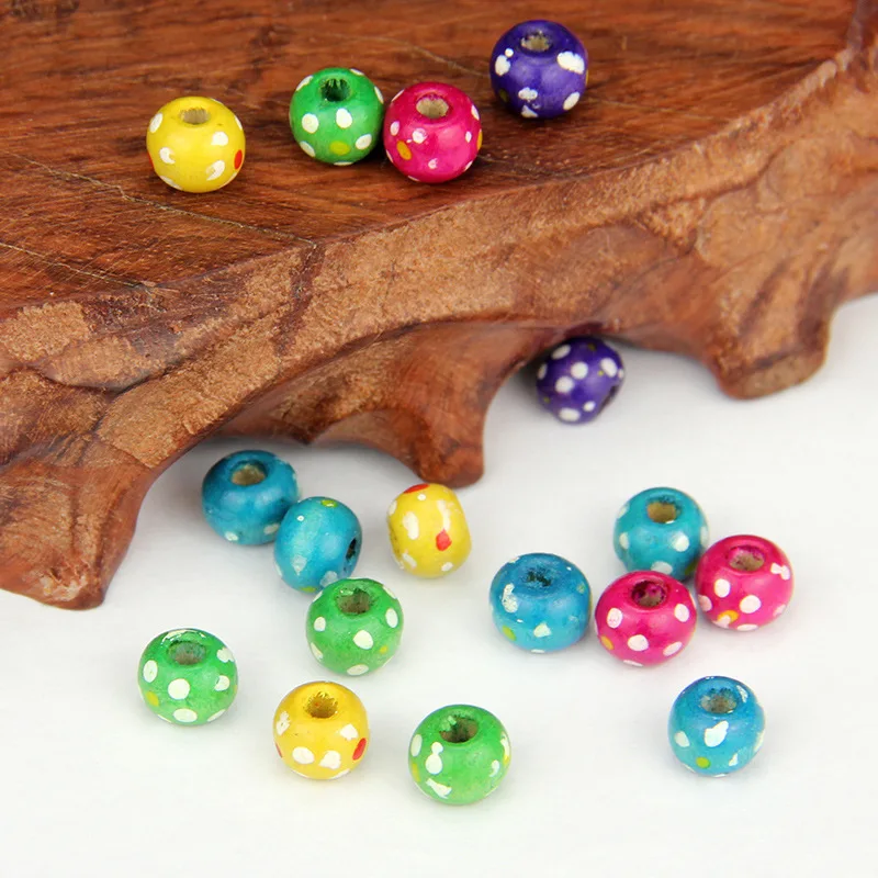 100 шт./лот 8 мм круглые бусины из натурального дерева разноцветные в горошек