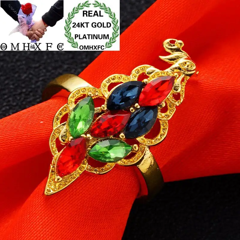 

OMHXFC Wholesale European Fashion Woman Girl Party Birthday Wedding Gift Peacock AAA Zircon Resizable 24KT Real Gold Ring RI118