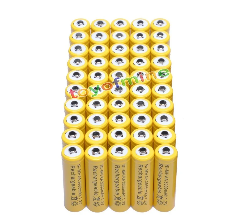 

50x AA 3000mAh 2A 1.2 V Ni-MH Yellow Rechargeable Battery Cell for MP3 RC Toys