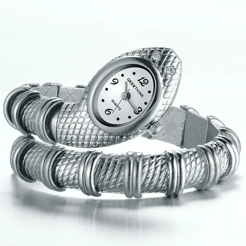 SILVER Geekthink уникальные модные кварцевые часы женские Змея Shaped Часы-браслет с бриллиантами Украшения роскошный цвет серебристый, золотой - Цвет: SILVER