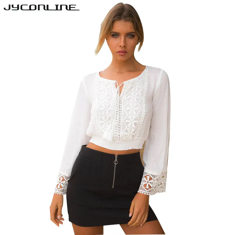 Летняя кружевная блузка JYConline прозрачная белая шифоновая с V образным вырезом и
