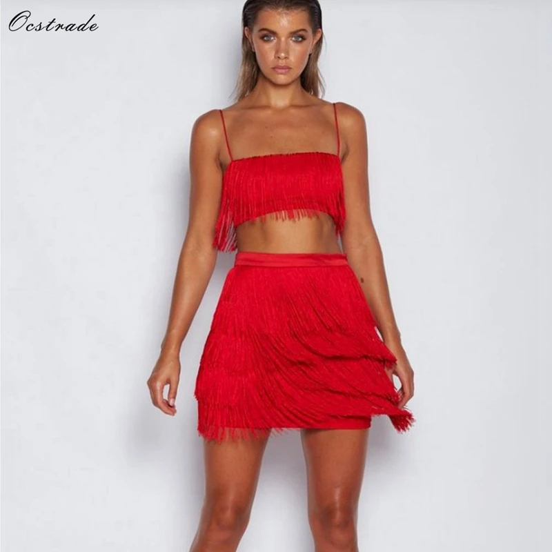 Ocstrade Women Elegant Summer Bodycon Dress New Fashion Tasseled Red Sexy Spaghetti Strap Bodycon Dress Nightclub Party