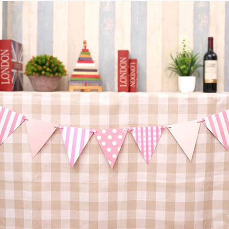 Pink check 12 шт. полосатые решетки с днем рождения Babyshower флаги для украшения гирлянды банты вечерние свадебные принадлежности конфетный венок - Цвет: Pink check