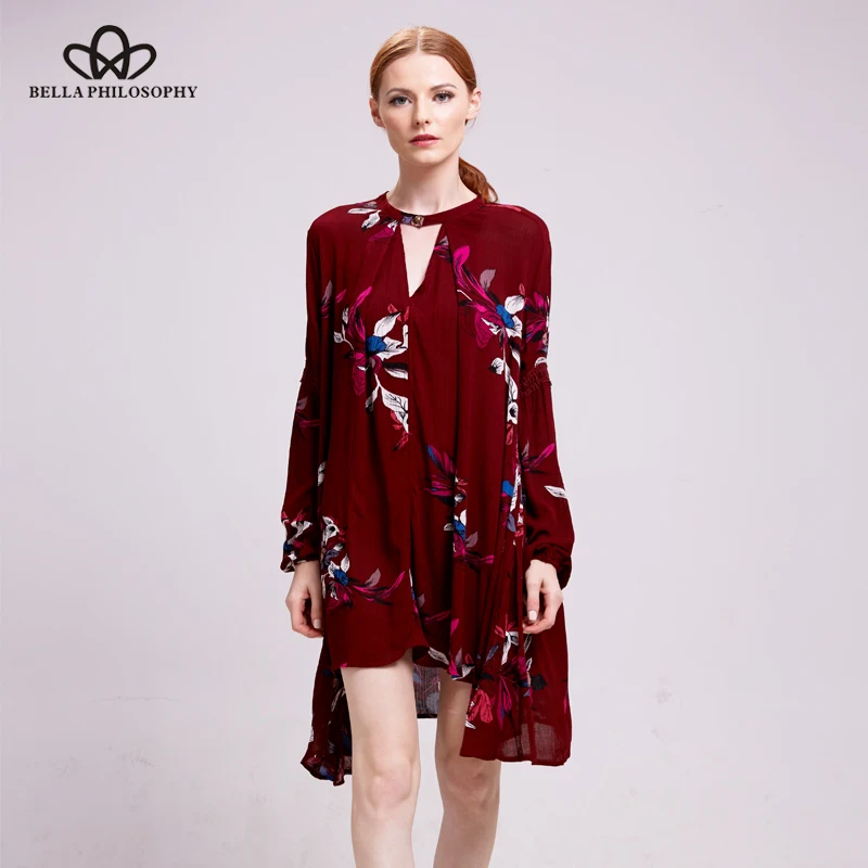 Bella Philosophy 2019 spring summer casual long-sleeved V-neck floral print yellow blue women mini dress | Женская одежда
