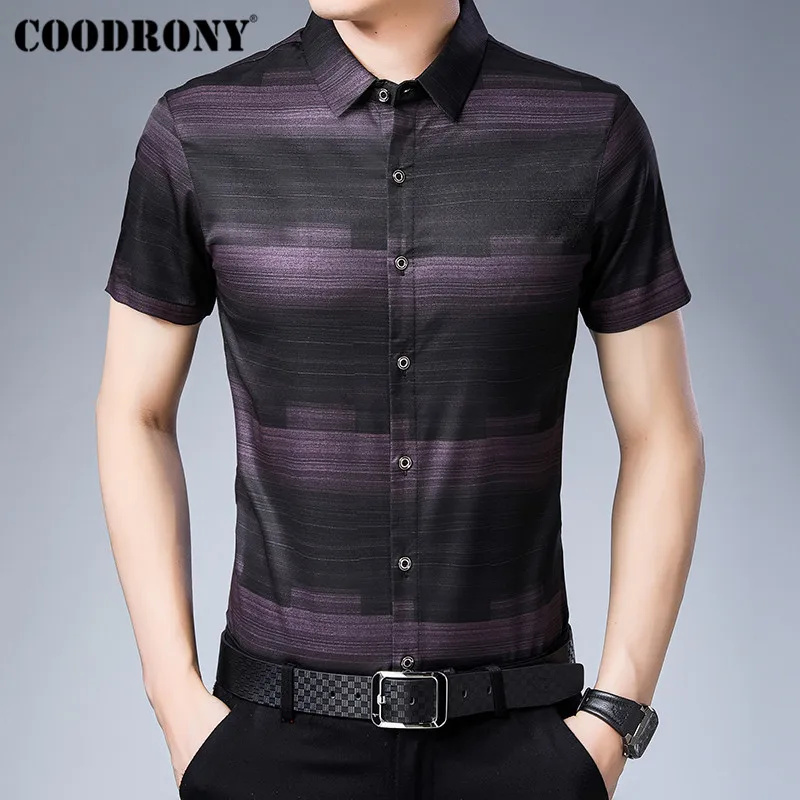 Черный COODRONY Social деловые повседневные рубашки Camisa Masculina летняя крутая Мужская рубашка с коротким рукавом модная полосатая Мужская рубашка S96025 - Цвет: Черный