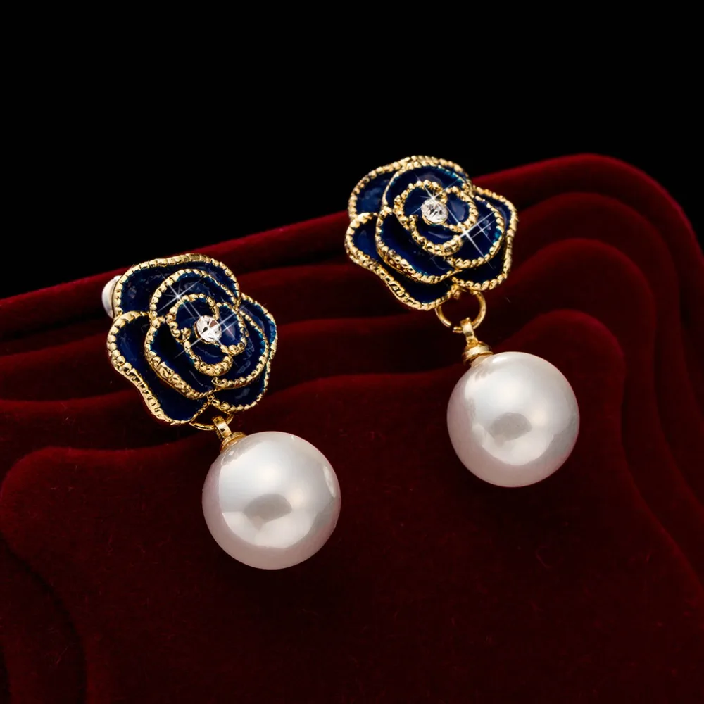 Luxurious Rhinestones Blue Rose Flower White Pearl Women Drop Earrings for Wedding Engagement Jewelry A1285 | Украшения и