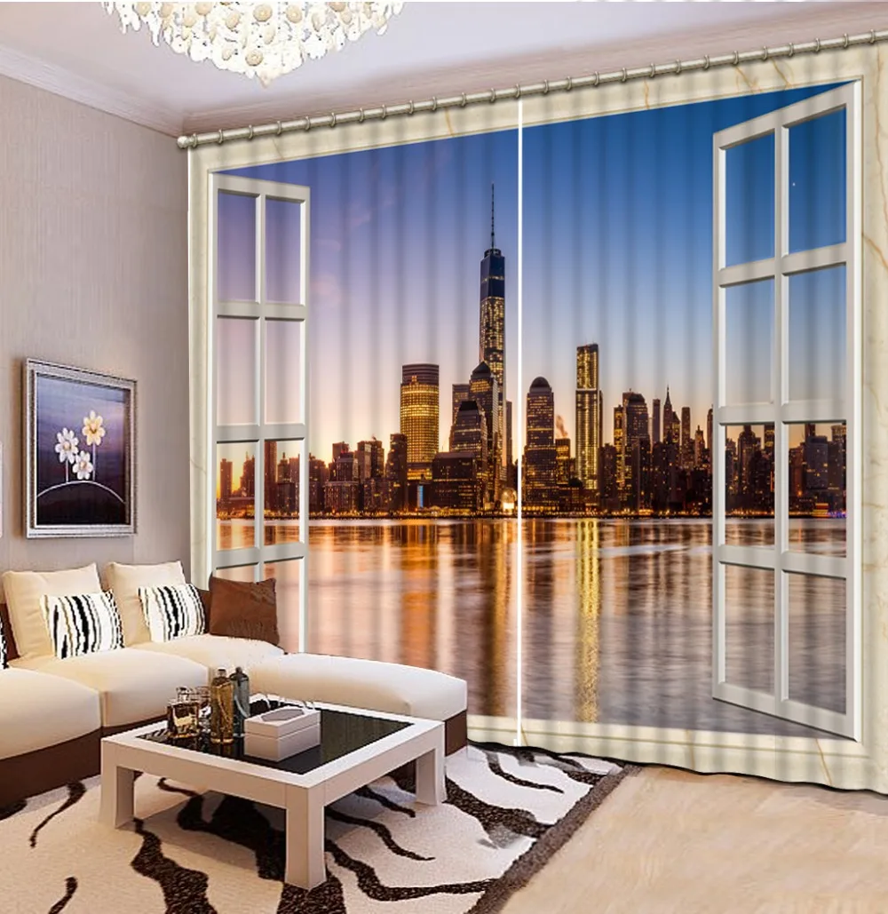 

3D фото занавески для гостиной, окна, город, ночной режим