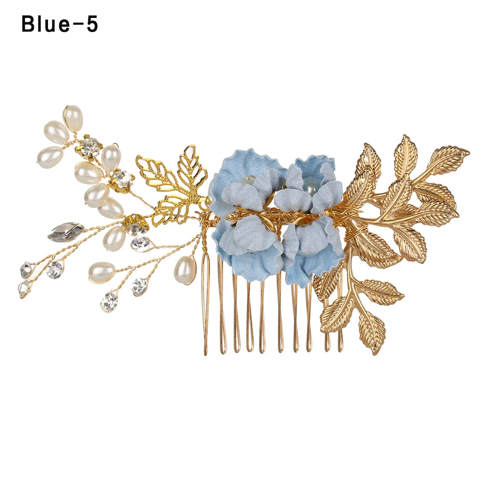 blue5 Luxury Blue Flower Hair Combs Headdress Prom Bridal Wedding Hair Accessories Gold Leaves Hair Jewelry Hair Pins - Окраска металла: blue5