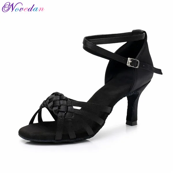 Black 7cm Heel Женская обувь для девочек, красный, белый каблук средней высоты, 5 см, 7 см, атлас, танго, Самба, латинский, бальный, сальса, танцевальная обувь для женщин - Цвет: Black 7cm Heel