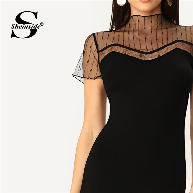 Sheinside, черное Полосатое Сетчатое платье-карандаш с хомутом, женское платье с отделкой салата, с замочной скважиной на спине, элегантные миди платья, облегающее летнее платье