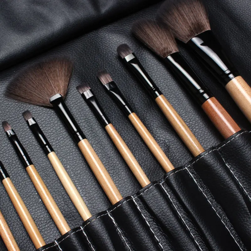 Профессиональный 12 шт. лица набор кистей для макияжа с черной кожаной сумкой