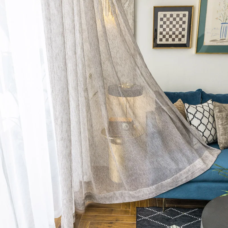 Yarn Linen Luxury Tulle Curtains for Living Room High-grade Plaid Shiny Sheer Curtains for Bedroom Voile Net Lining Window