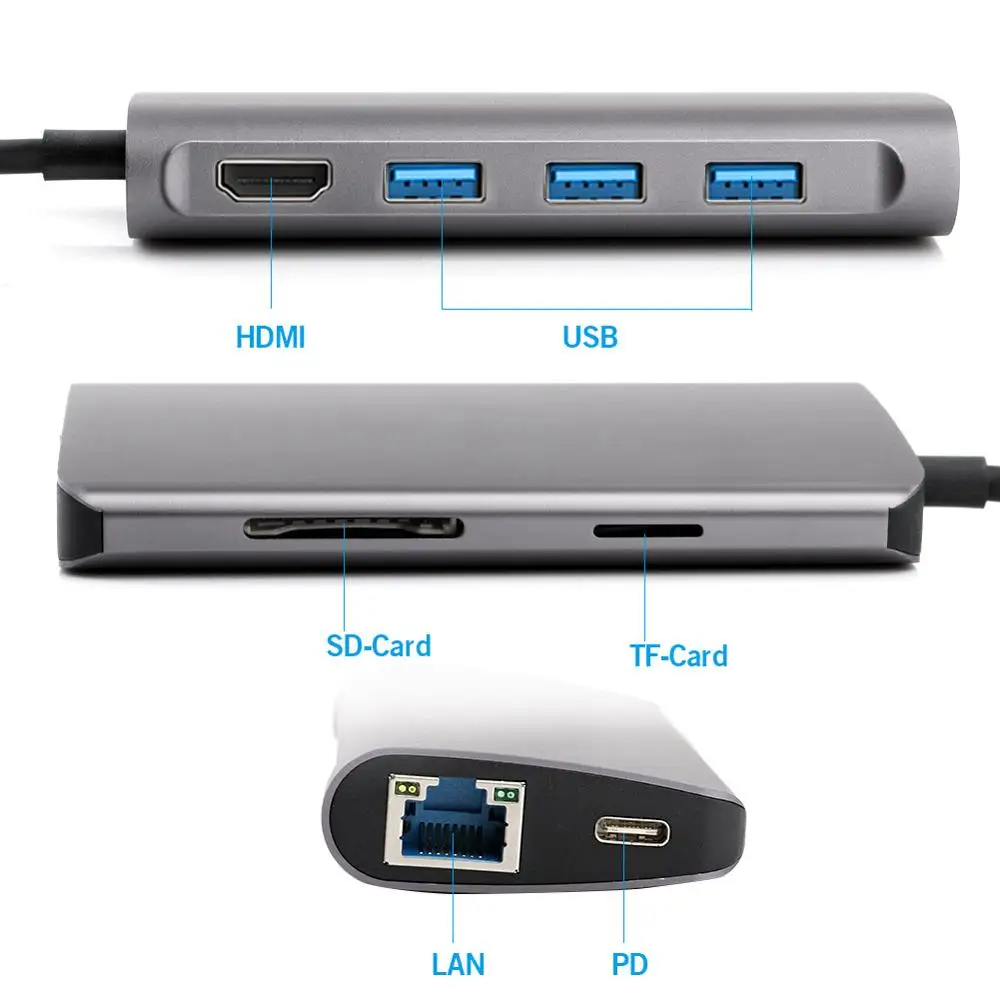 USB-C концентратор USB C к HDMI 4K RJ45 PD 3,0 Micro SD/TF кард-ридер адаптер type C USB 3,0 концентратор для MacBook/MacBook Pro Windows type-C