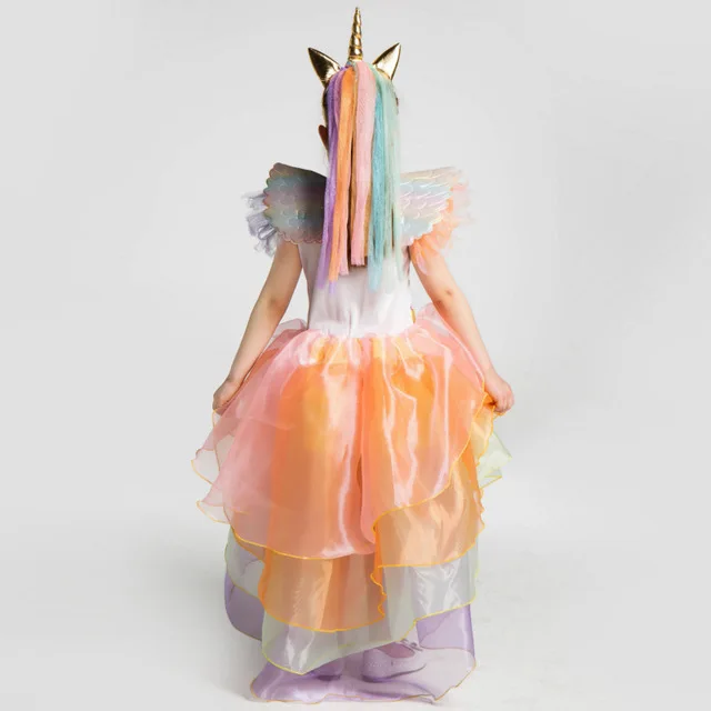 Kids Rainbow Unicorn Dress for Girls Toddler Cosplay Costume Children Princess Hair Hoop Wing Set Halloween Frocks | Детская одежда и