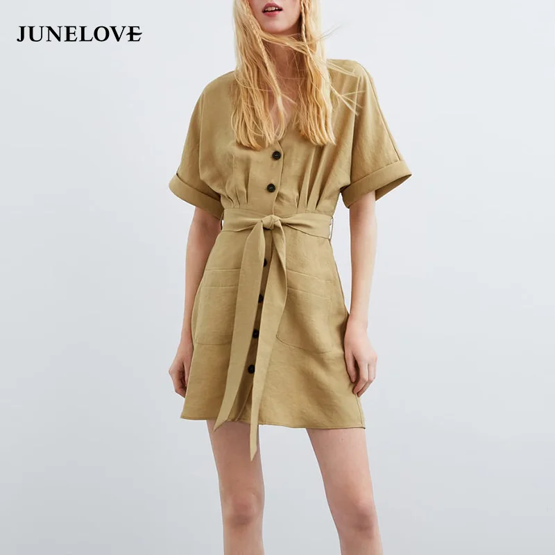JuneLove женское весеннее мини-платье с коротким рукавом винтажное однобортное