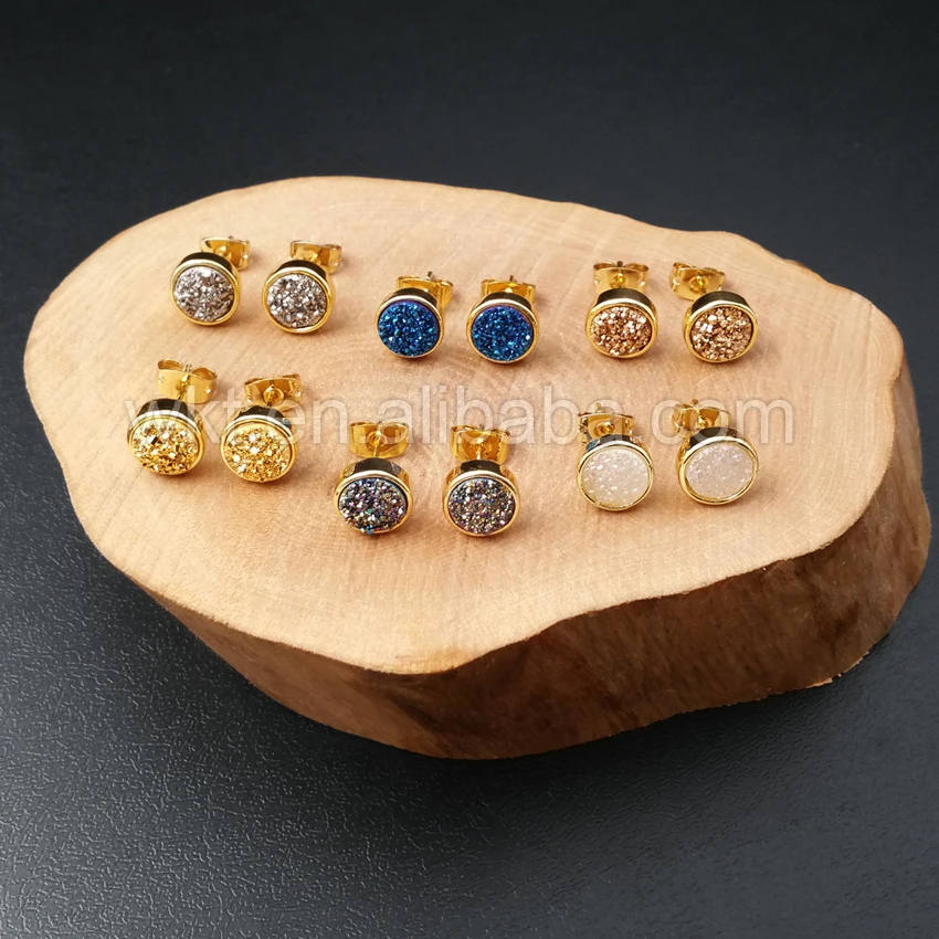 

WT-E237 high quality 10mm druzy stone studs,24k gold trim round shape druzy stone studs mix color druzy stone studs