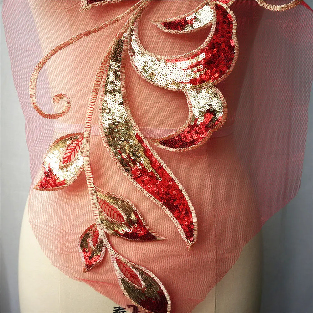 Кружевная ткань с красными золотыми блестками цветочными листьями вышитый