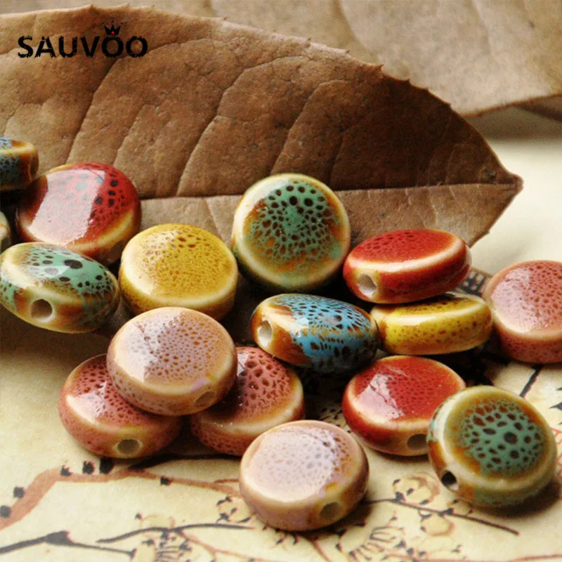 SAUVOO 30 шт./лот красочные круглые плоские керамические глазурные шармы бусины 14 мм