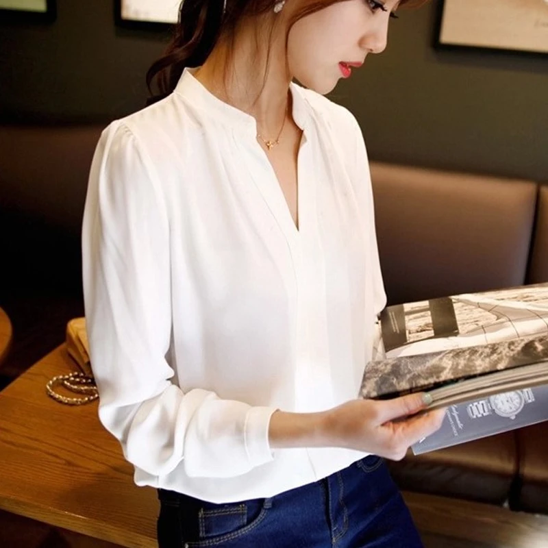 Женская шифоновая блузка с V образным вырезом и длинным рукавом|office shirt|chiffon