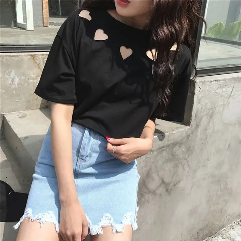 Женская свободная футболка в форме сердца летние женские футболки с коротким