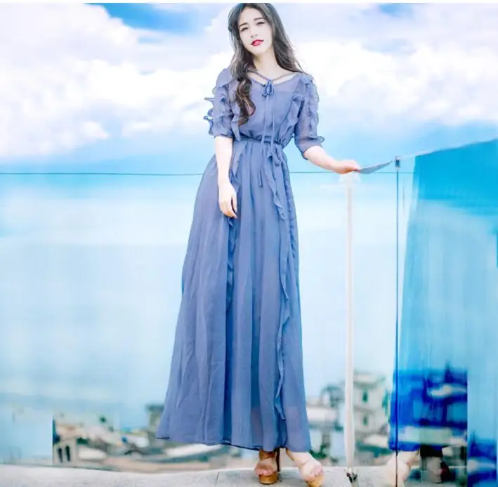 

Women Chiffon Dress Autumn Elegant Ruffle Sleeve V-neck Lotus Leaf Long Dresses Girls Casual Fashion Blue Dress