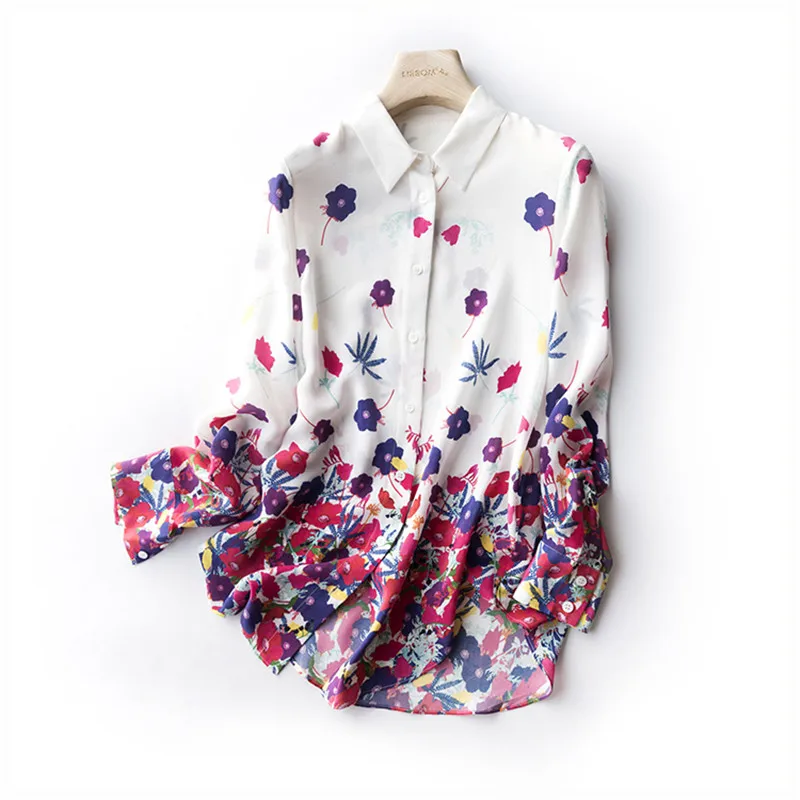 Винтаж Женский с цветочным принтом шелковая блузка 100% натуральный шелк базовые
