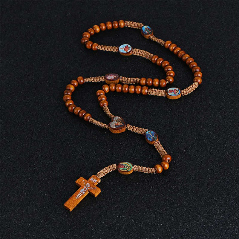 Коми деревянные бусины шнур четки ожерелье St медаль бенедикта крест иисуса