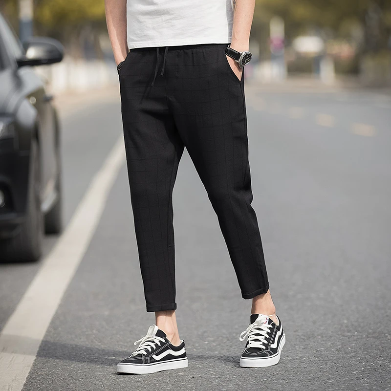 Мужские повседневные льняные шаровары брюки в клетку стиле хип хоп для пробежек