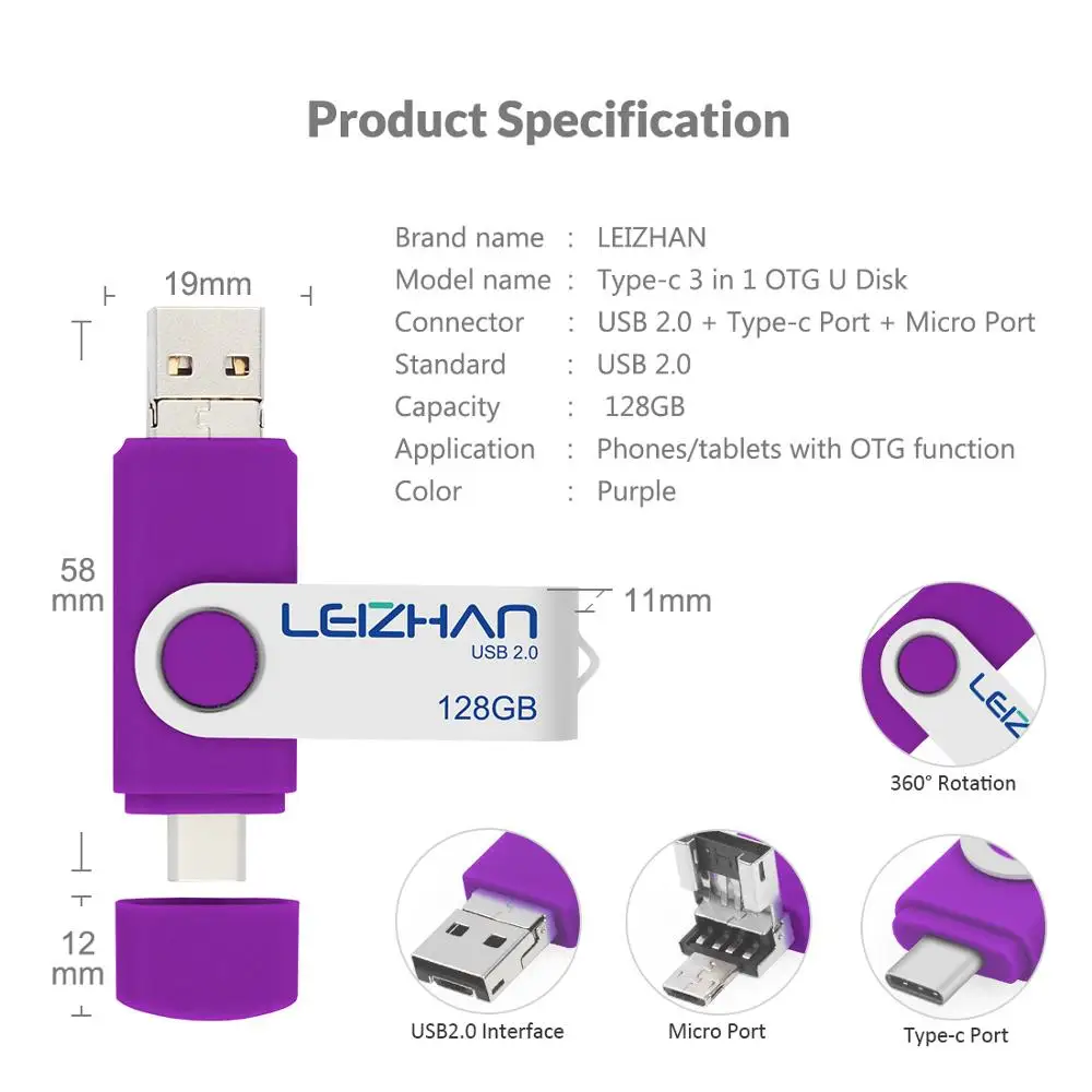 USB флеш накопитель LEIZHAN OTG Type C 128/64/32/16/8/4 ГБ|USB флэш-накопители| |