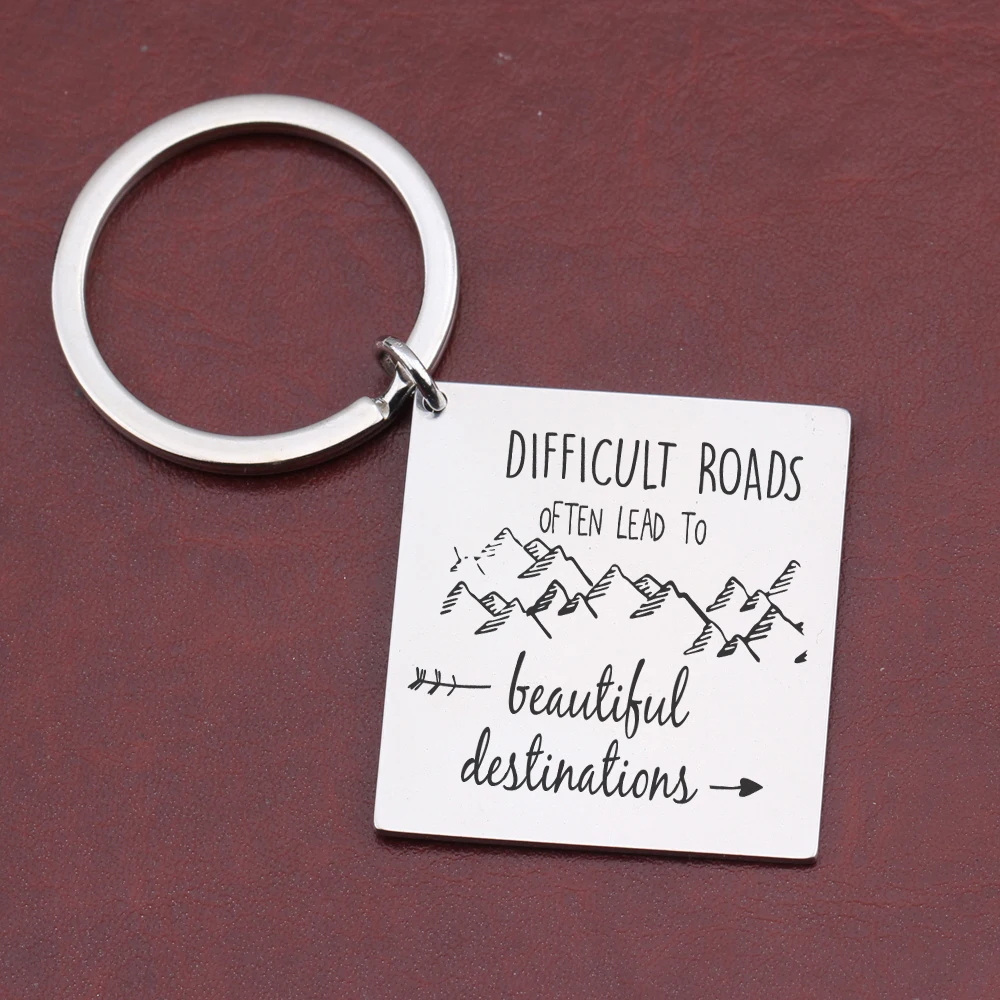 New Chic Lettering Key Chains Engraved difficult roads often lead to beautiful destination mountain keyring inspirational tag | Украшения и