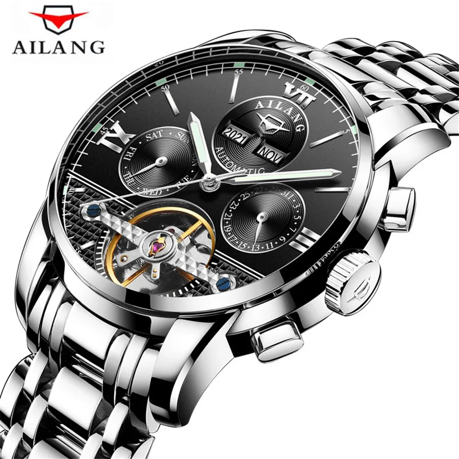 AILANG Мужские механические часы automatic Tourbillon наручные часы бизнес кожа месяц календарь Reloj спортивные часы Montre Homme