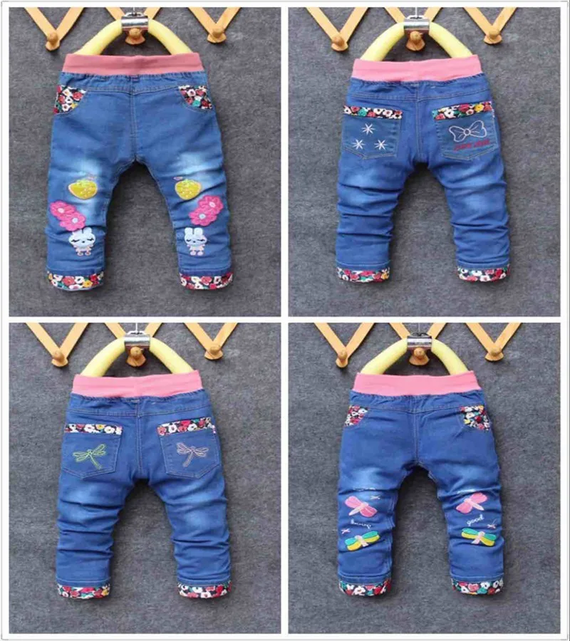 Джинсы Voor Meisjes Baby Lange Broek bordoren Libellen en bloemen Baby Broeken lente Zuigeling Meisjes джинсы Broek